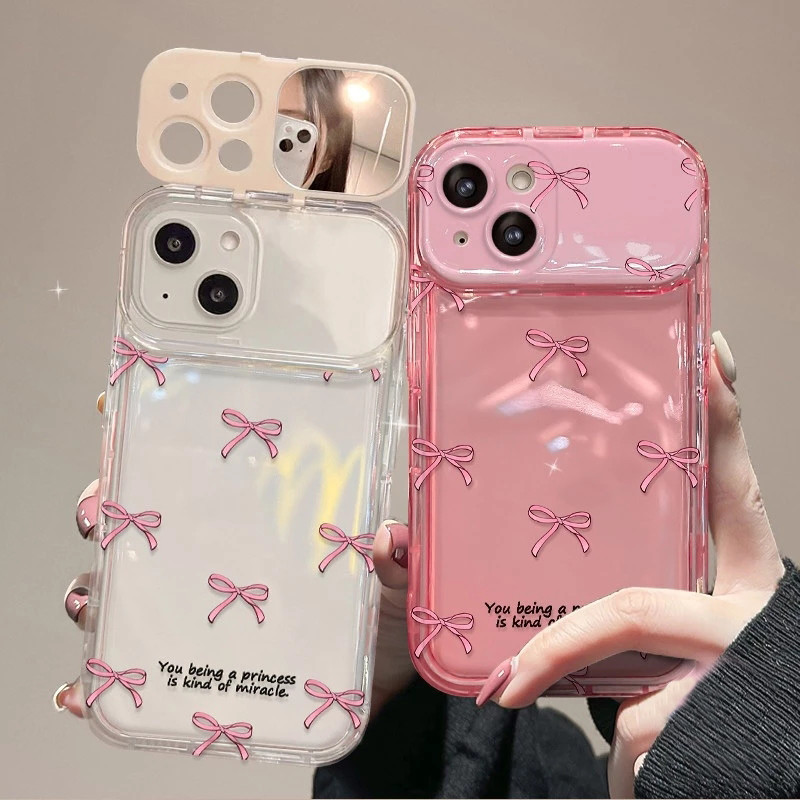 Good🔥จัดส่งในพื้นที่ เคสโทรศัพท์กระจกแต่งหน้าโบว์สีชมพูเข้ากันได้กับ iPhone X XR XS 11 13 15 12 Pro Max 7 8 14 15 Plus