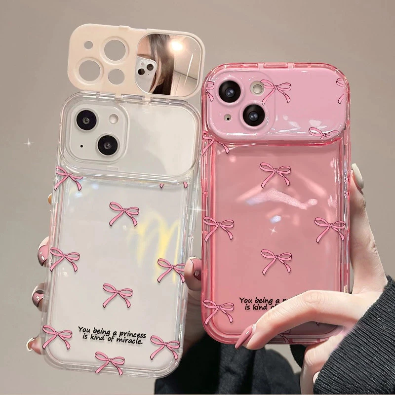 Good🔥จัดส่งในพื้นที่ เคสโทรศัพท์กระจกแต่งหน้าโบว์สีชมพูเข้ากันได้กับ iPhone X XR XS 11 13 15 12 Pro Max 7 8 14 15 Plus