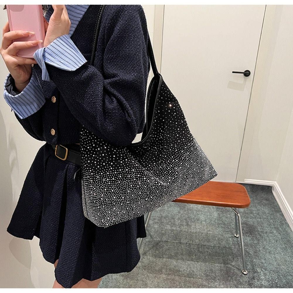 Trendyzone กระเป๋าสะพายไหล่, กระเป๋าถือ Rhinestone เงาความจุขนาดใหญ่, กระเป๋าโท้ตหนังกลับมีซิปสีทึบแฟชั่น