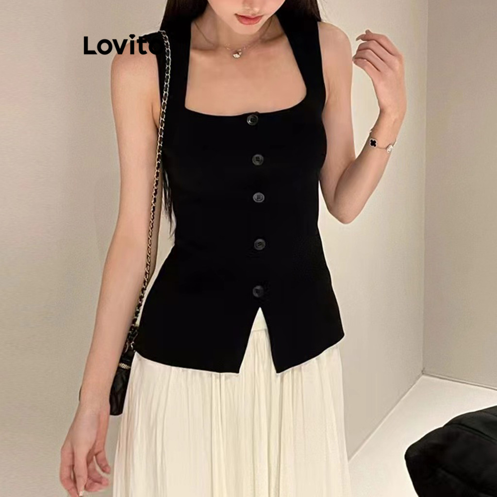 Lovito เสื้อแขนกุดผู้หญิง มีกระดุม สีพื้น สไตล์ลำลอง LNE70063