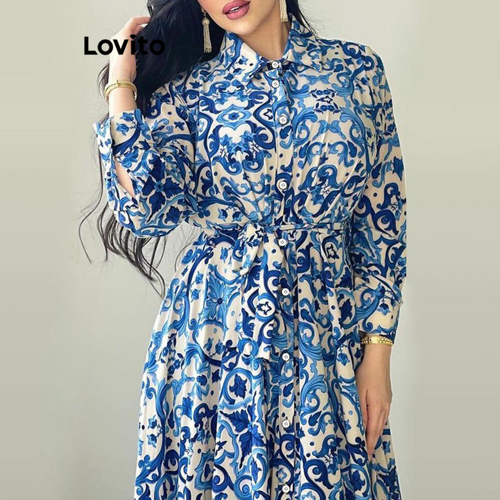 Lovito ชุดเดรสผู้หญิง พิมพ์ลาย มีกระดุม สไตล์ลำลอง LNL69228