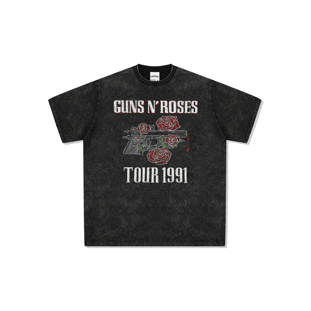 2025 เสื้อยืดแขนสั้นใหม่ วงดนตรีร็อค Guns N' Roses ฮิปฮอปเรโทร ซักแล้ว วินเทจ Guns N' Roses TOUR 199