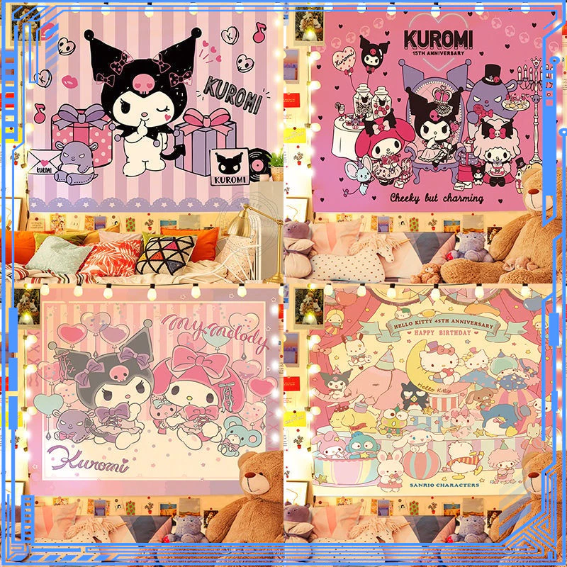 ผ้าม่านลายสุนัขอบเชยพื้นหลังผ้าการ์ตูนสาวหัวใจคุโรมิผ้าม่านห้องพักหอพักข้างเตียง
