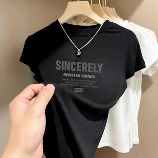เสื้อคอกลมแขนสั้น สไตล์เรโทร ลำลอง เหมาะกับหน้าร้อน เทรนด์แฟชั่น ล่าสุด สำหรับผู้หญิง ทรงสลิมฟิต
