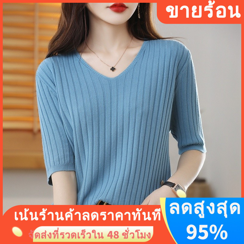 ข้อเสนอพิเศษสไตล์ใหม่all-matchสามquarterเสื้อแขนสั้นเสื้อยืดslim-fitวาดลายสุภาพสตรีเสื้อถักslimmerดูสไตล์bottomingสวมใส่ด้านนอก