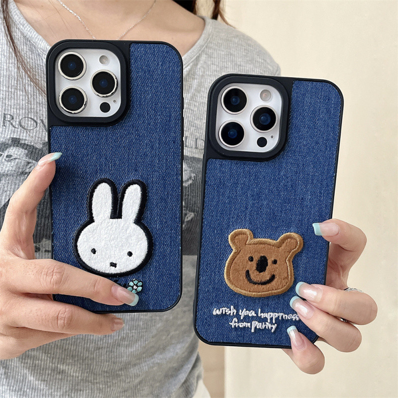 การ์ตูน Miffy กระต่ายหมีน้อยคาวบอยเย็บปักถักร้อยเคสโทรศัพท์สําหรับ iPhone 11 12 13 14 15 16 Pro Max Plus ปลอก Anti fall hard cover สําหรับ iPhone16 กรณี