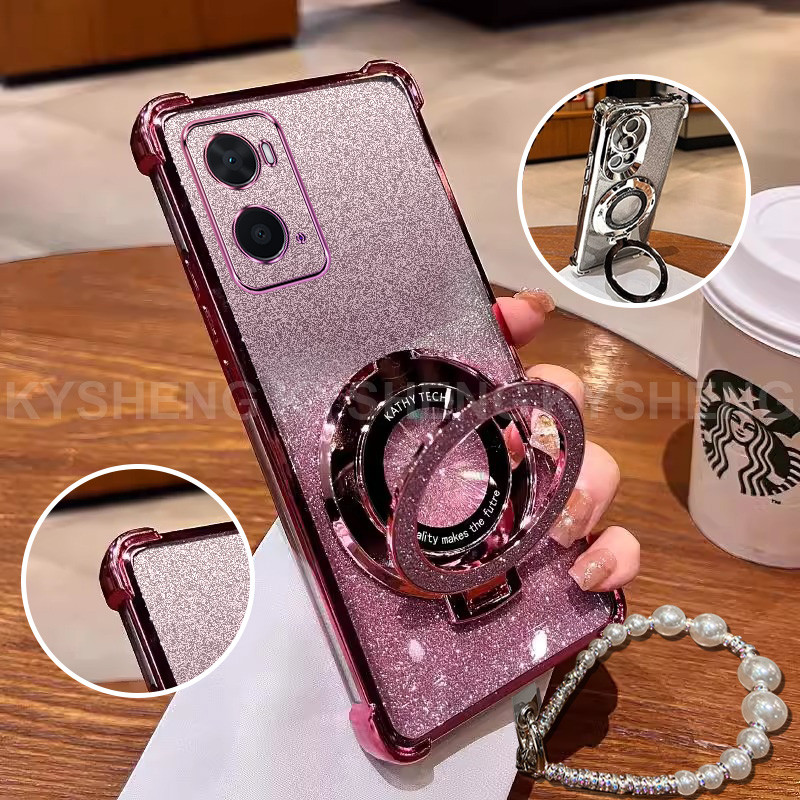 กรณีสําหรับ OPPO A36 A96 A76 4G สี่มุม anti drop วงเล็บแม่เหล็กแฟลชแป้งโปร่งใส soft shell สร้อยข้อมื