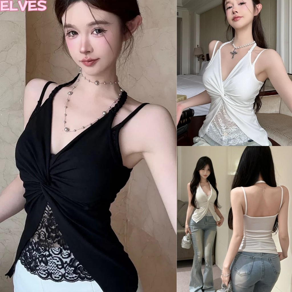 Elves พร้อม💟พร้อมส่งเสื้อสายเดี่ยว สีขาวดำ คอวี เสริมฟองน้ำ เซ็กซี่เบาๆ“FY5518”