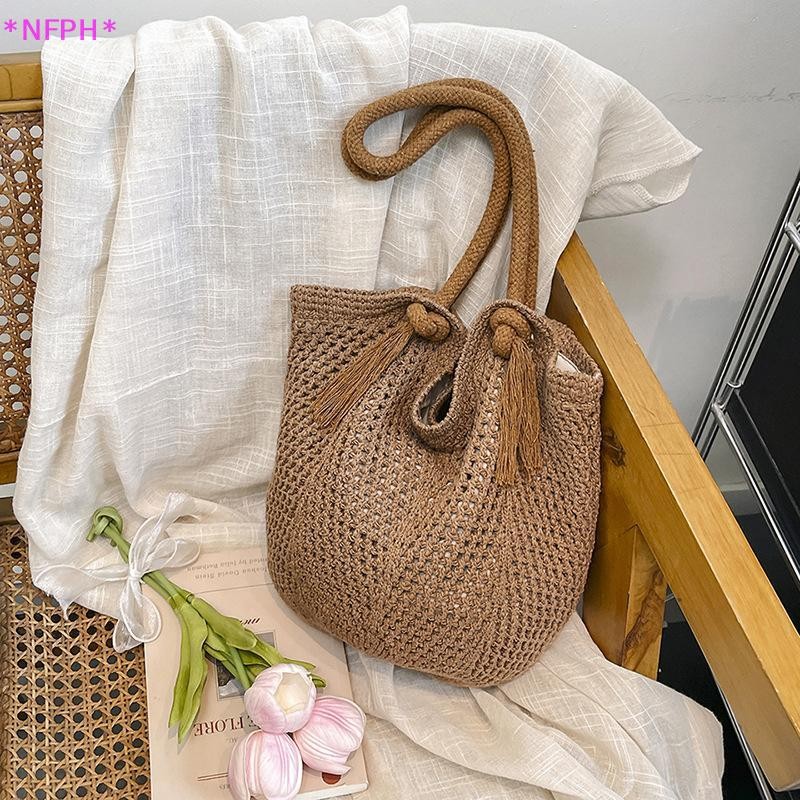 NFPH>กระเป๋าสะพายสตรีลําลองถักสุภาพสตรีHandmade Totesขนาดใหญ่ความจุฤดูร้อนHollowใหม่
