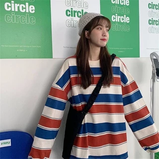 🦄Olivia🦄 เสื้อแขนยาวผ้า COTTON คอกลม ลายทาง ผ้าหนากันหนาวได้ โอเวอร์ไซส์ #392