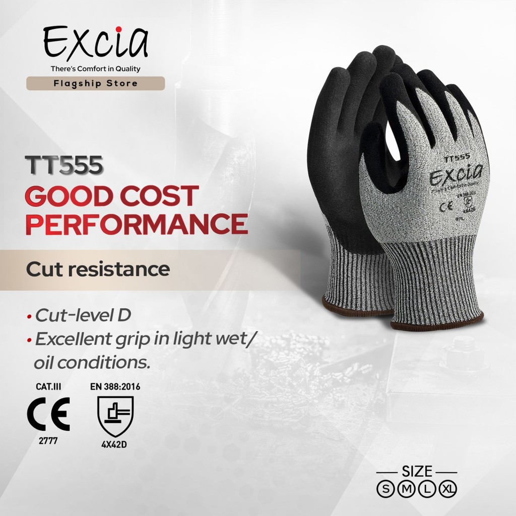 EXCIA TT555 ถุงมือกันบาด - ระดับ D ถุงมือเคลือบปาล์ม Micro Granular ถุงมือเคลือบยาง Sarung Tangan