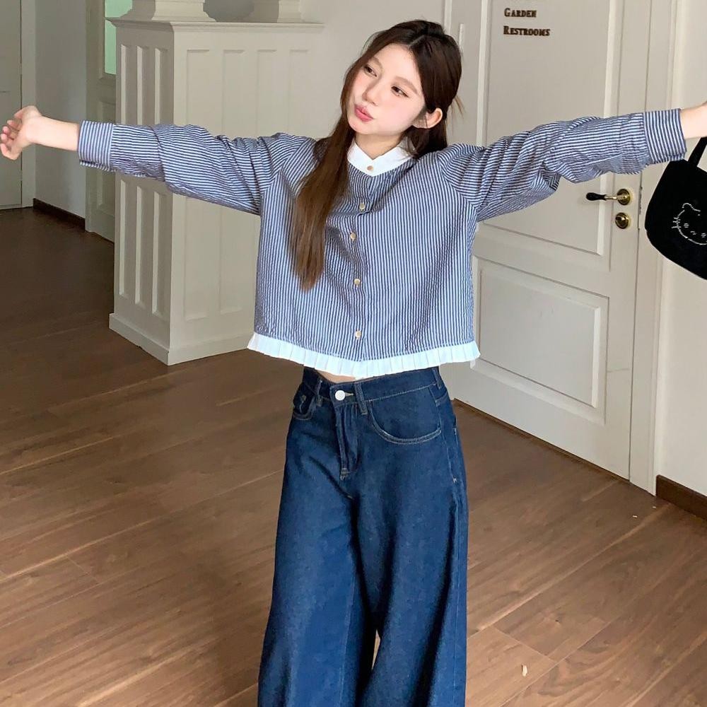 เสื้อเชิ้ตผู้หญิงแขนยาว สีตัดกัน เสื้อเชิ้ตลายทางสไตล์เกาหลี คอกลม ทรงสั้น เสื้อเชิ้ตหวานๆ ใส่ได้หลายโอกาส#W594 - รูปที่ 2