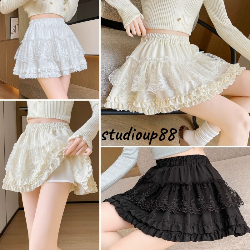 (ส่งจากไทย)กระโปรงพลีทบัลเล่ต์ เอวยางยืด กระโปรงจีบลูกไม้สีขาว สไตล์เจ้าหญิง แฟชั่นฤดูร้อน