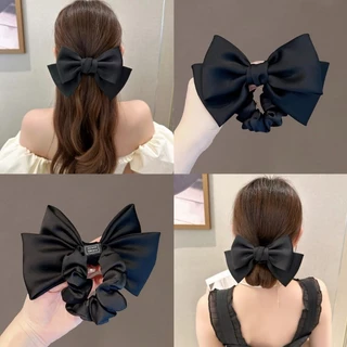 High-end สีดําซาติน Bow Hair Tie ยาว Bow Scrunchies แฟชั่นริบบิ้นสีดําโบว์เชือกผมสําหรับผู้หญิง