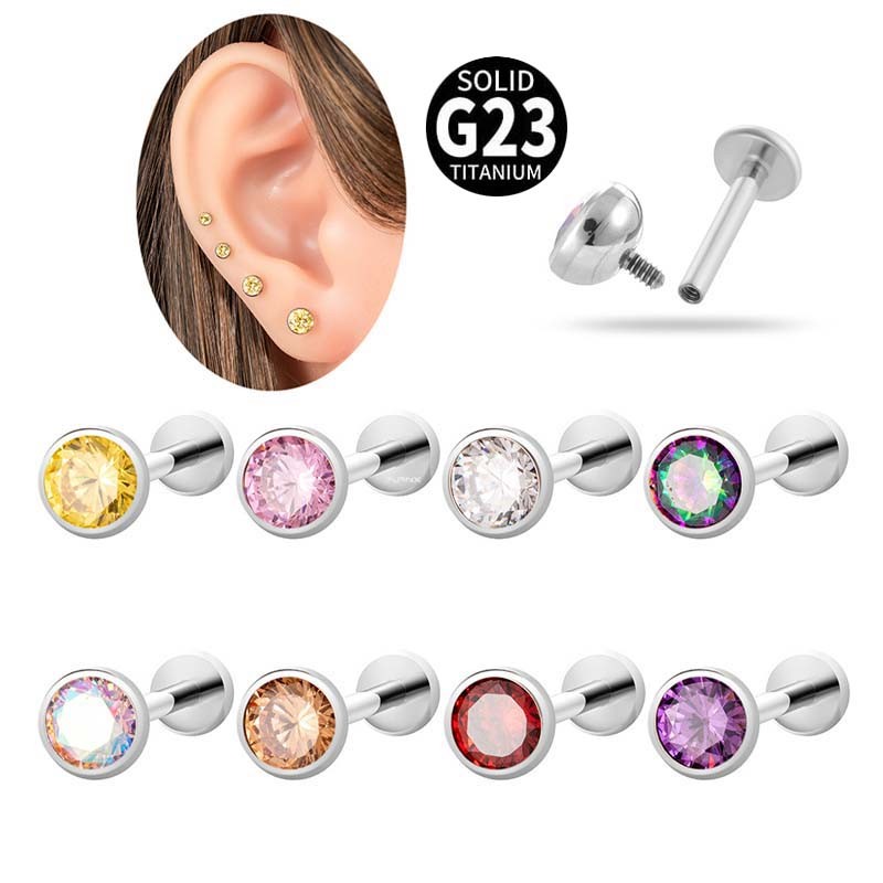 1 ชิ้น Labret Lip Stud แบนหัว G23 ไทเทเนียม Zirconia หู Helix Pinna เจาะภายในด้ายสดเจาะ Hypoallergenic