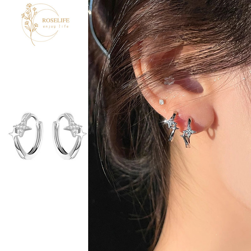 Roselife Unisex S925 Silver Star คริสตัลวงกลม Hoop ต่างหูสําหรับผู้หญิงผู้ชายแฟชั่นรอบหูเครื่องประดับอุปกรณ์เสริม