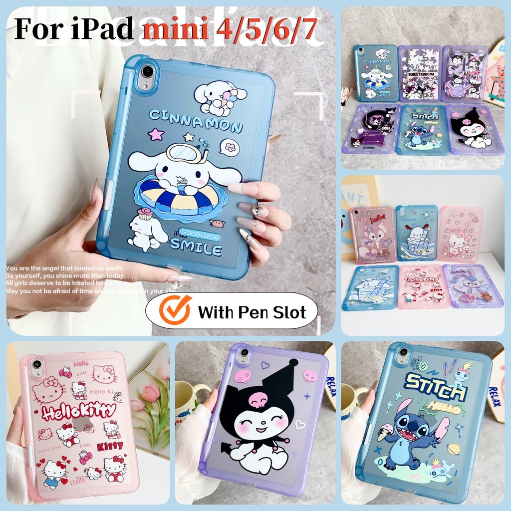 KuromiสําหรับApple ipad mini 4 5 6 7 7.9 8.3 ช่องเสียบปากกาHello KittyกรณีiPad mini 2015 2019 2021 A17 Pro CinnamorollกันกระแทกTPUแฟชั่นน่ารักการ์ตูนClear Case
