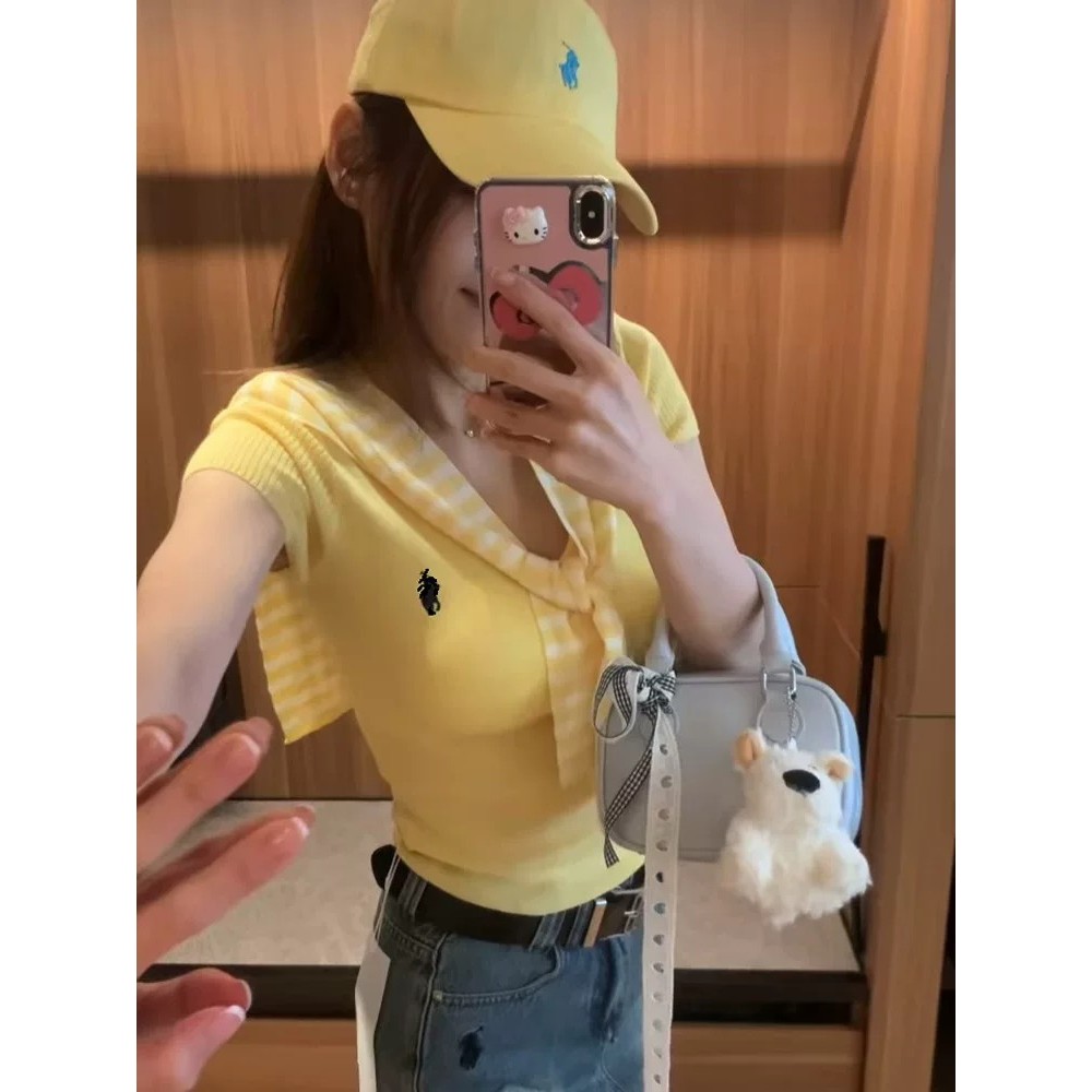 GAKKI ชุด2 ชิ้น เสื้อสเวตเตอร์คอวีแขนสั้น + ผ้าคลุม เสื้อสเวตเตอร์ผู้หญิง รุ่นใหม่ ฟรีไซส์ รุ่น 3242#