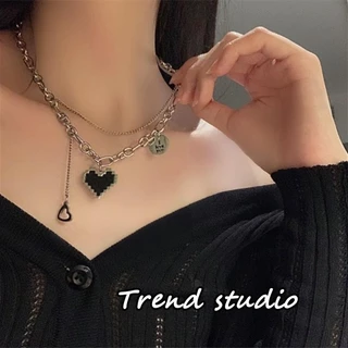 สร้อยคอสไตล์สาวฮอตประจำหน้าร้อน รูปหัวใจสีดำสุดเก๋ ดีไซน์โมเสก โซ่คู่สร้อยคอสุดเก๋ มีสไตล์และสง่างาม