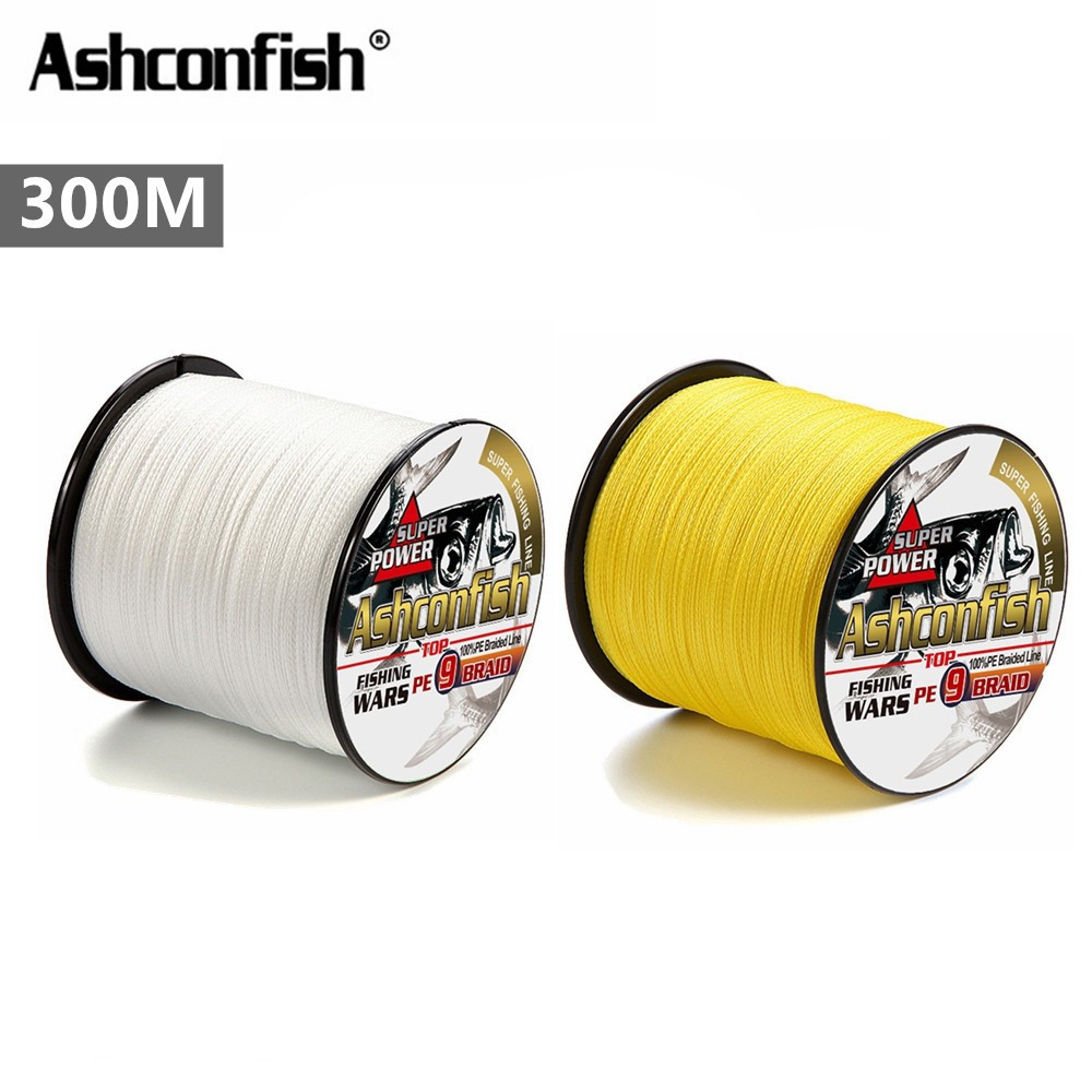สายตกปลา Ashconfish 300M 9 เส้น Dyneema แบบถัก 10-310LB PE สีขาวเหลือง สำหรับตกปลาคาร์พ