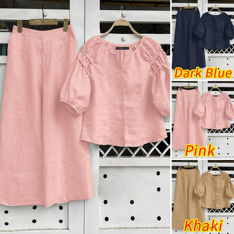 ZANZEA ซานเซีย ชุดสองชิ้นสำหรับผู้หญิง สไตล์เกาหลี พร้อมกระโปรงและเสื้อครึ่งแขน พัฟแขนจีบ เอยายืด และกางเกงขากว้าง - รูปที่ 2