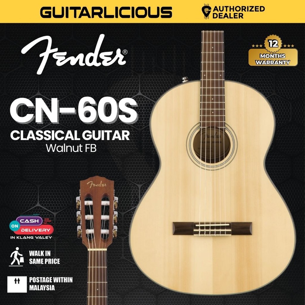 Fender CN-60S Nylon String Solid Top Concert กีตาร์คลาสสิก, Walnut FB , Natural (ขนาดเต็ม, CN 60S / 