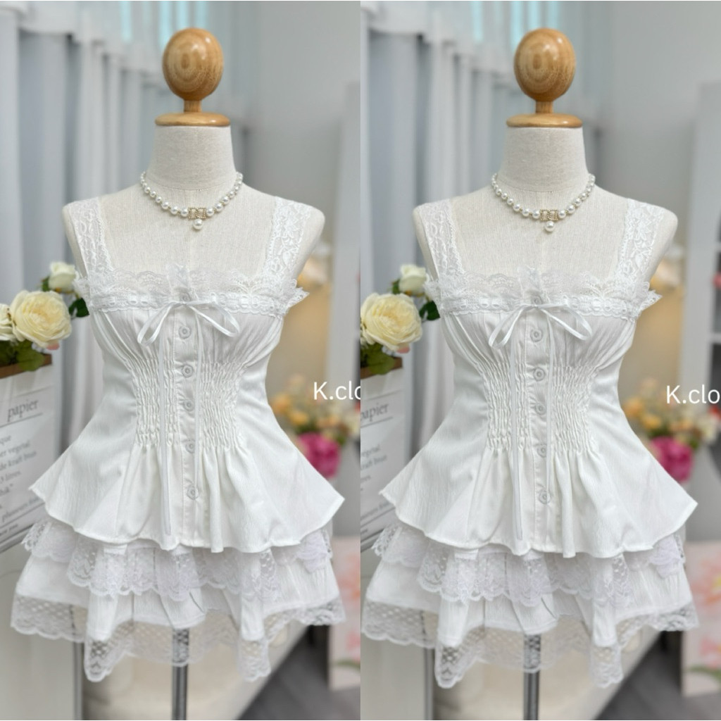 (สาวอวบใส่ได้อกถึง40)เสื้อสายเดี่ยวแต่งลูกไม้งานทรงสวยเข้ารูปหุ่นสวยพรางหุ่น เสื้อสายเดี่ยวเจ้าหญิง