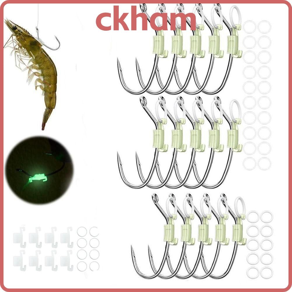 CKHAM 20 ชิ้น Luminous Live ตะขอกุ้ง, สแตนเลส Anti-entanglement เหยื่อคงที่ผู้ถือชุด, ทนทาน Sharp Barbed ไม่มี Unhooking Anti Slip String Hook สําหรับกลางแจ้ง