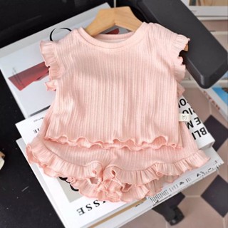 ชุดฤดูร้อนใหม่สำหรับเด็กผู้หญิง สีชมพู ชุดสองชิ้นแขนกุดสีพื้…