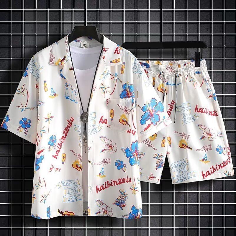 กางเกงขาสั้นผ้าไหมน้ําแข็งกทั้งชุดผู้ชายฤดูร้อนบางหลวมแขนสั้นเสื้อดอกไม้ฮาวายคู่ชายหาดสูท - รูปที่ 2