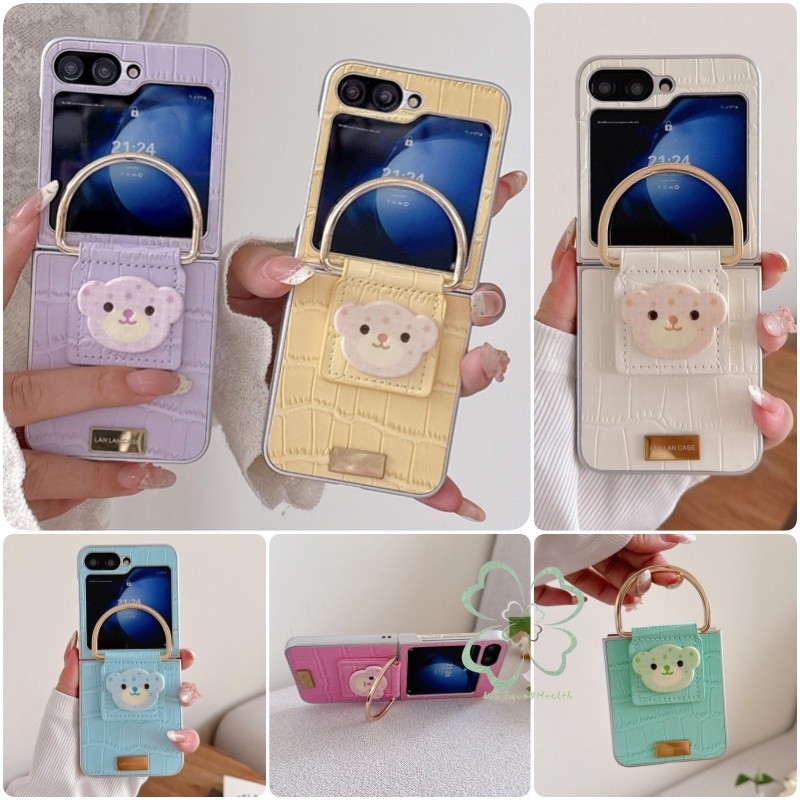SAMSUNG น่ารักหมีหัวงโลหะหัวเข็มขัดยืนซองหนังสําหรับ ซัมซุง กาแลคซี Z พลิก6 Z พลิก5 Z พลิก4/3 Z 7ปลอกจระเข้รูปแบบเงินฮาร์ดปก