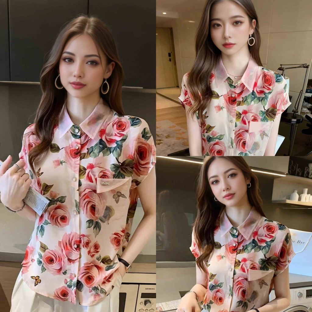 เสื้อเชิ้ตแขนสั้นผ้าไหมพรมลายดอกไม้  ให้ลุคผู้หญิงสวยหวานน่าหลงใหลไม่ซ้ำใคร