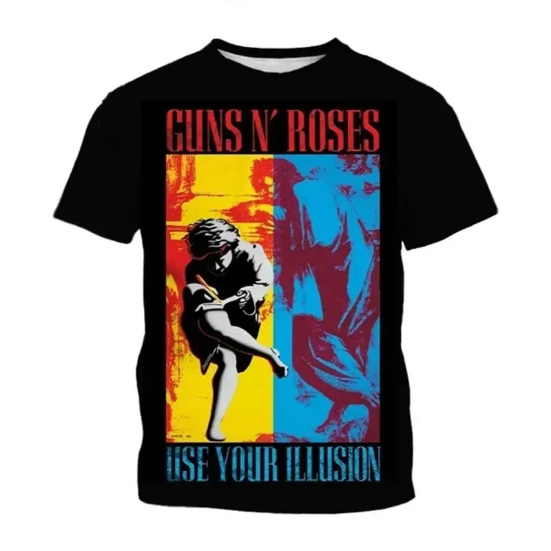 เสื้อยืดคอกลมพิมพ์ลาย Retro Guns N Roses 3D พลัสไซส์ แห้งเร็ว ระบายอากาศได้ดี แขนสั้น คุณภาพสูง ใส่ได้ทั้งชายและหญิง ท็อปอินเทรนด์ 2025