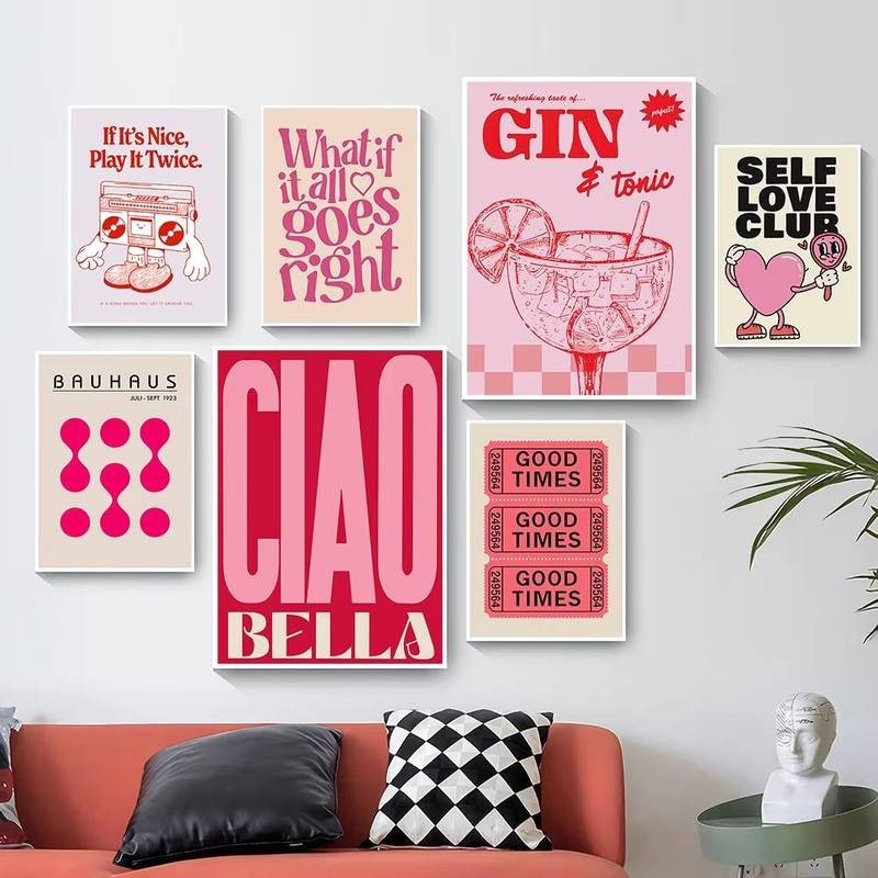 ความเรียบง่าย Vintage สีชมพูการ์ตูนพิมพ์ผ้าใบโปสเตอร์ Wall Art โปสเตอร์ตกแต่งบ้านผ้าใบพิมพ์ภาพวาดห้องนั่งเล่นตกแต่งห้องนอน