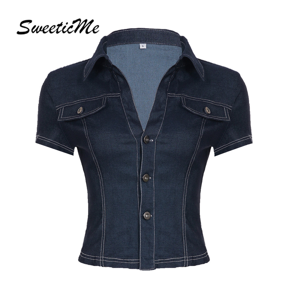 SweeticMe เสื้อสตรีแฟชั่นใหม่ Retro Street Turn Down Collar เสื้อเชิ้ตยีนส์แขนสั้น