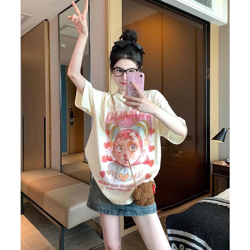 เกาหลี ผ้าฝ้าย100% เสื้อยืดแขนสั้น Oversize CMDXY7813 ผู้ชาย ผู้หญิง ลายทาง ตัวอักษร การ์ตูน หลวม ฤดูร้อน ฤดูใบไม้ผลิ