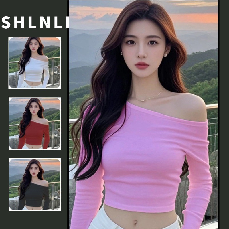 เสื้อยืดอารมณ์แขนยาวปิดไหล่ของผู้หญิงสลิมฟิตสั้นด้านบนฤดูใบไม้ผลิและฤดูร้อน