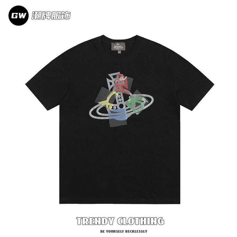 Vivienne Japanese Saturn Color Big Label พิมพ์เสื้อยืดแขนสั้นผ้าฝ้ายแท้เรียบง่ายฤดูร้อนสไตล์ใหม่อารมณ์หลวม