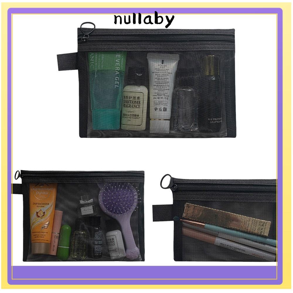 NULLABY กระเป๋าเครื่องสําอาง, แต่งหน้าตาข่ายสีดํา, กระเป๋าแป้งพร้อมซิปใสกระเป๋าใส่อุปกรณ์อาบน้ํากระเป๋าเดินทาง