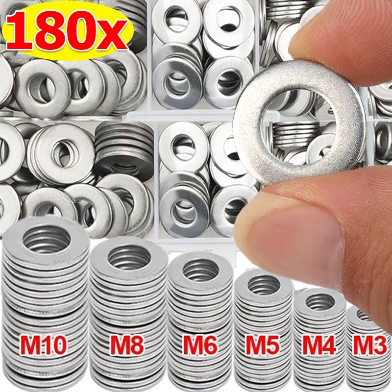 180 ชิ้น/กล่องสแตนเลสเครื่องซักผ้าแบน/M2 M2.5 M3 M4 M5 M6 M8 M10 ปะเก็นแหวนชุด/โลหะสกรู Bolt ปะเก็น
