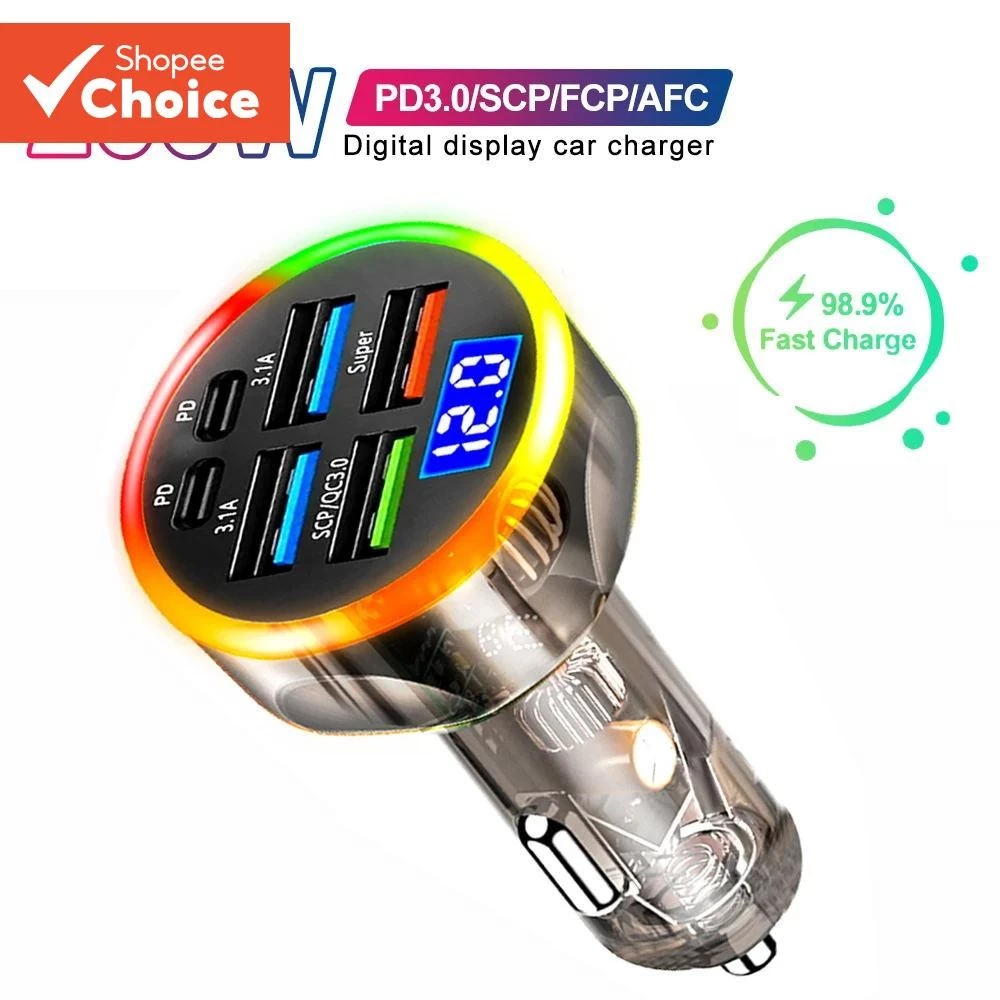 ที่ชาร์จแบตในรถสีบรรยากาศแสงโปร่งใส 4 USB 2 PD 12-24V ชาร์จเร็ว 97W