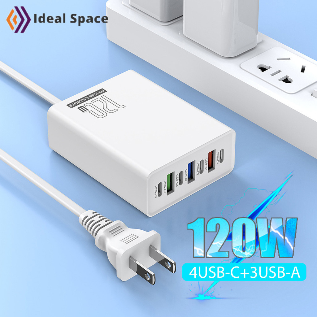 [3C&Auto]เครื่องชาร์จ 120W แบบพกพาสําหรับเดินทาง | พร้อมพอร์ต USB-C PD และ 3 USB-A 4 พอร์ต, ความเข้ากันได้สากลสําหรับสมาร์ทโฟน/แล็ปท็อป, การออกแบบทนไฟขนาดกะทัดรัด