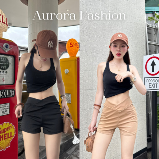 Aurora พร้อมส่ง (รูปถ่ายจากงานจริง) กางเกงเอสูง ขาสั้น เอววี สีพืนทรงรักรูปพอดีตัว