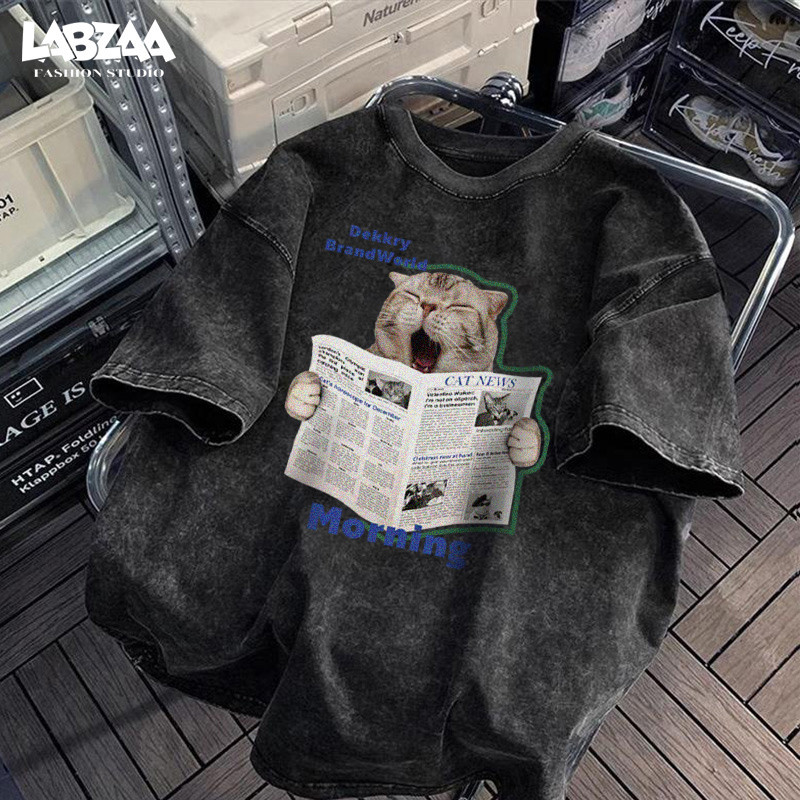 【จัดส่งจากกรุงเทพฯ】LABZAA✨เสื้อยืดทรงหลวม ลายน่ารักแมว วินเทจล้างน้ำ ผ้าฝ้าย ใส่สบาย สตรีทแฟชั่น YG404