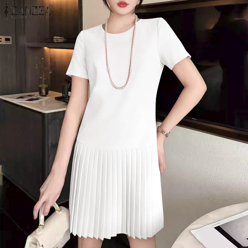 ZANZEA ชุดเดรสคอกลมแขนสั้นสไตล์ Ladylike ผู้หญิงเกาหลี