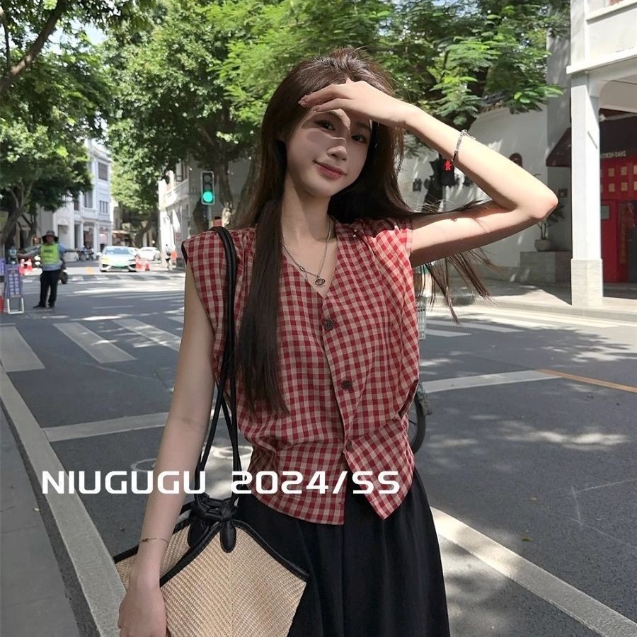 เสื้อแขนกุดตรวจสอบฤดูร้อนสไตล์ใหม่การออกแบบย้อนยุคหลวมสั้นด้านบนลดอายุ