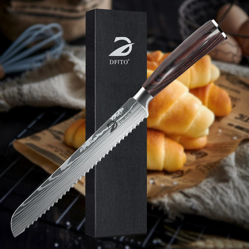 Kitchen Bread Knife Serrated Design Laser Damascus Kitchen Knives 7CR17 Stainless Steel Blade Bread 