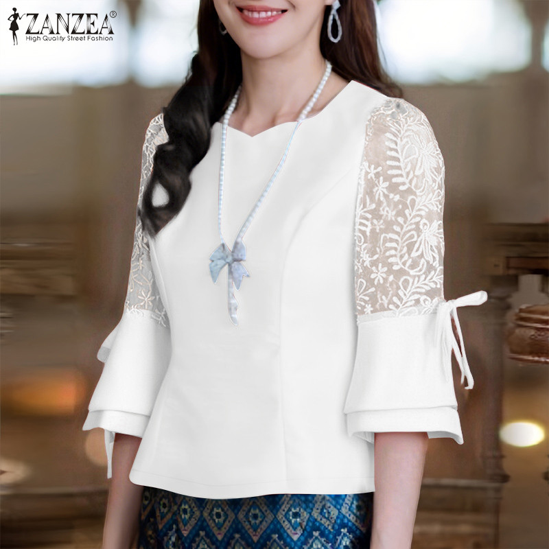 ZANZEA ผู้หญิงเกาหลีที่เงียบสงบหรูหรา Sweetheart Collar Flare Sleeve ลูกไม้โครเชต์ สปไลซิ่งเสื้อ — صورة 4