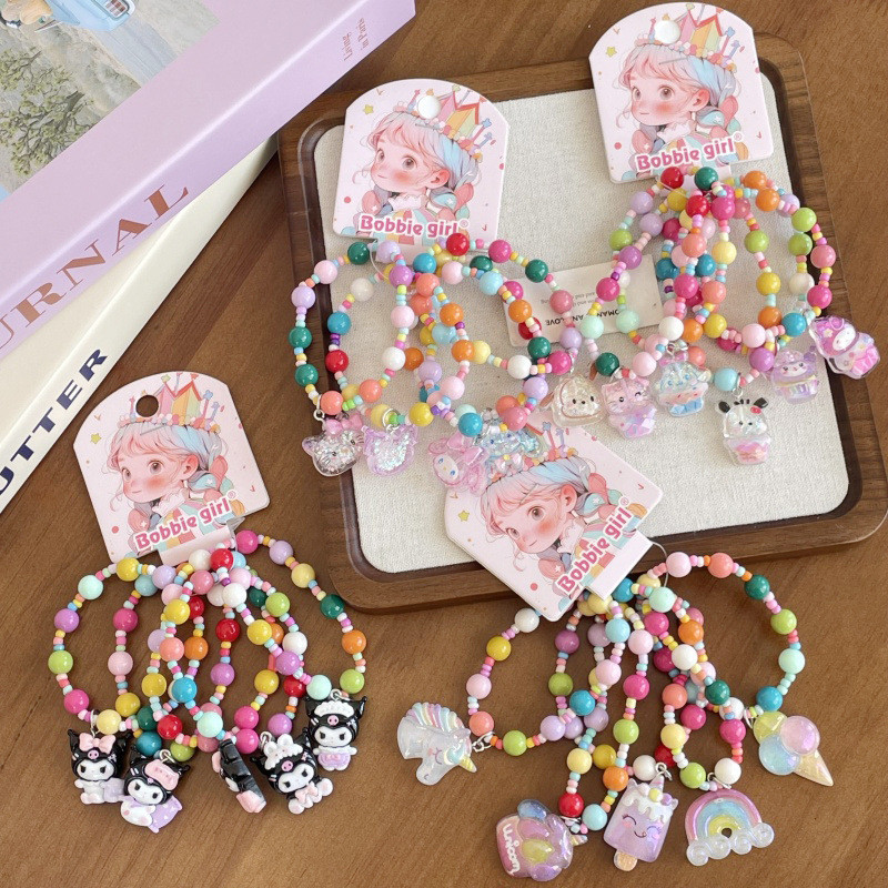 5ชิ้นการ์ตูนน่ารักที่มีสีสันเด็กสร้อยข้อมือลูกอมสีลูกปัดสาวเชือกยืดหยุ่นสร้อยข้อมือเจ้าหญิงเครื่องประดับมือ
