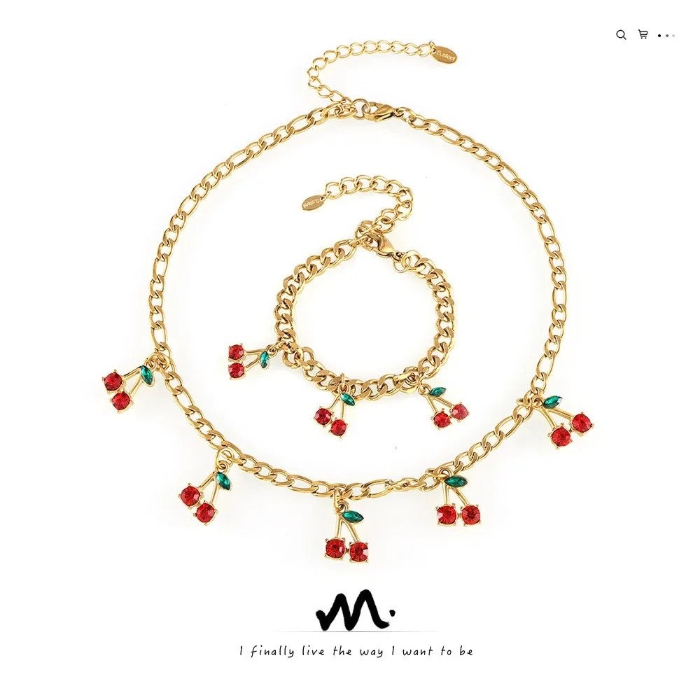 ชุดเครื่องประดับแก้วหินสีแดงเชอร์รี่ทันสมัยและสง่างาม อุปกรณ์เสริมยอดนิยม สร้อยคอและสร้อยข้อมือแบบเร